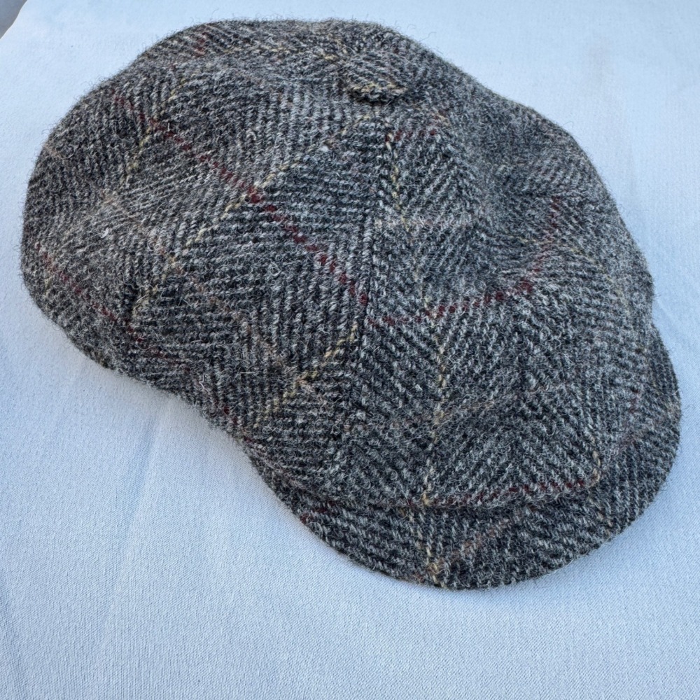 Mayser Harris Tweed Newsboy Cap 60 Grey Herringbone Plaid Wool Mens Hat Vintage